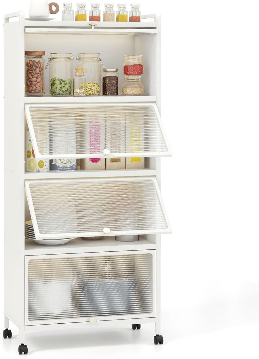 60x32x154cm White Rolling Kitchen Cabinet 5-Tier Pantry Storage with Wheels