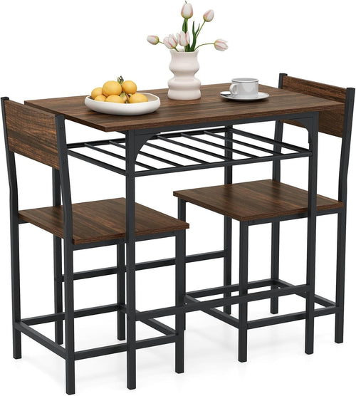 3PC Rustic Brown Dining Set with Storage Rack Space Saving Kitchen Table