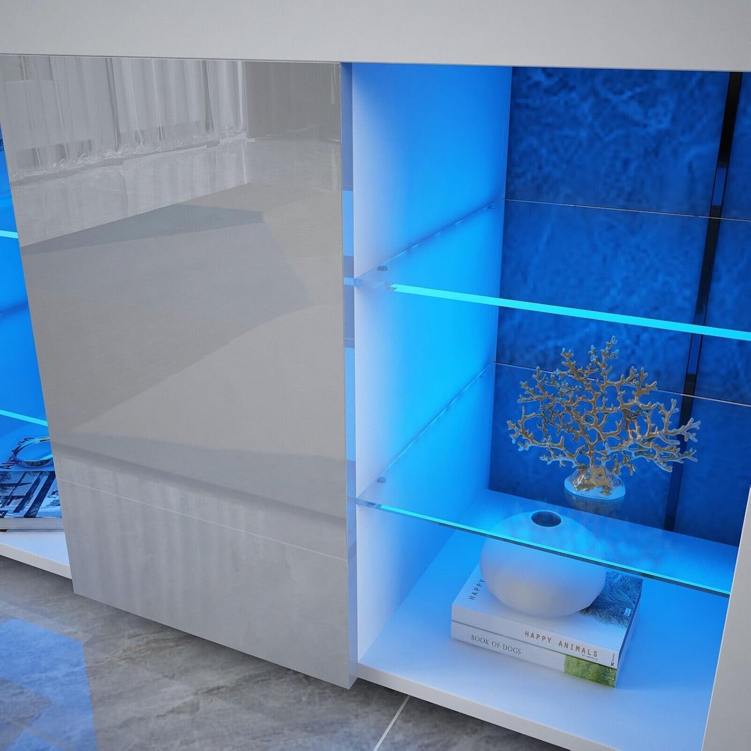 White Gloss Sideboard with Grey Glass Doors & LED Lights | Modern Storage Unit