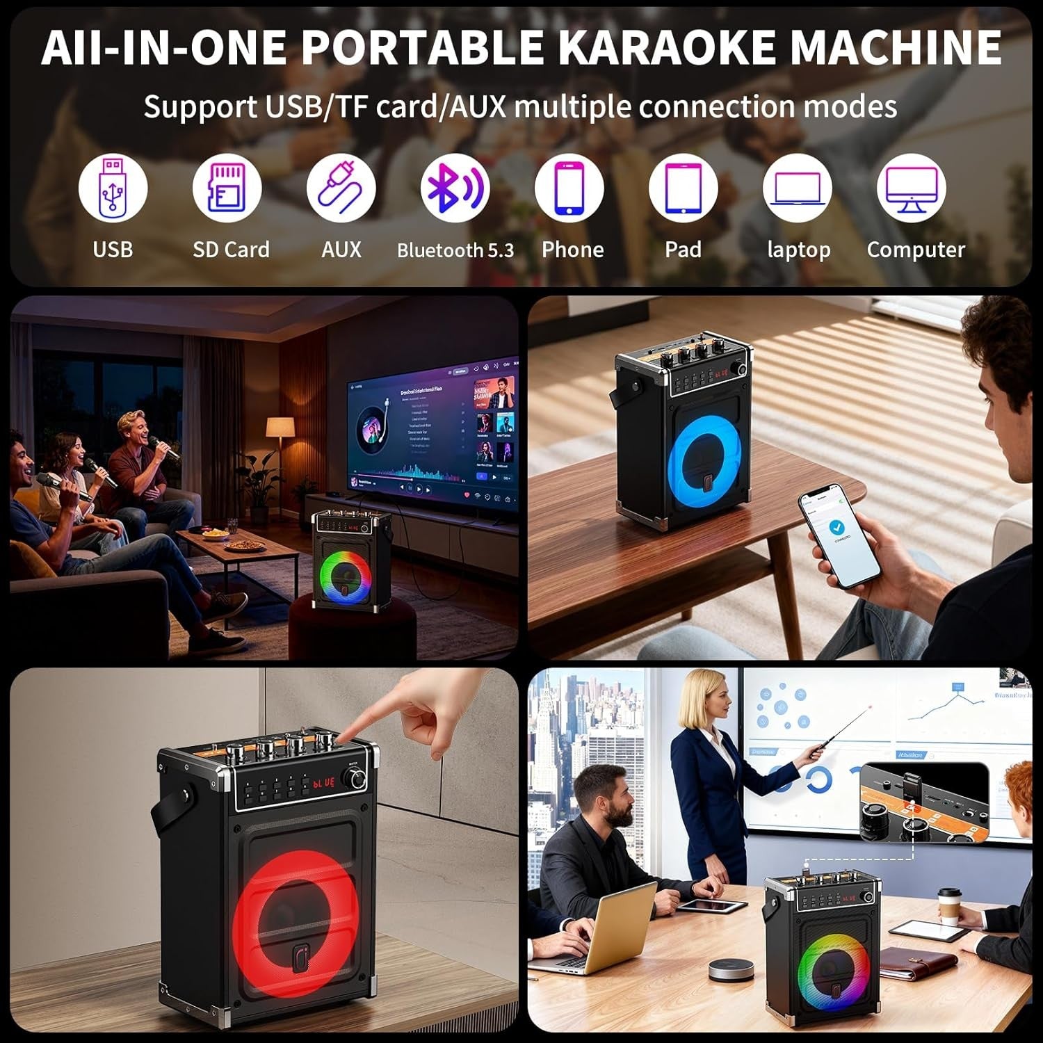 Karaoke Machine with 2 Wireless Mics Bluetooth 5.3 LED Speaker