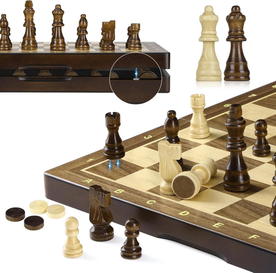Luxury Magnetic Chess & Draughts Set 15" Foldable Walnut Board w/ Extra Queens