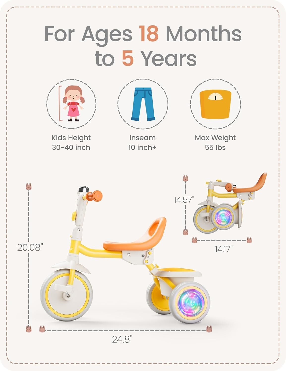 Kids Tricycle Flash LED Wheels Foldable Toddler Trike Yellow Age 18M-5Y