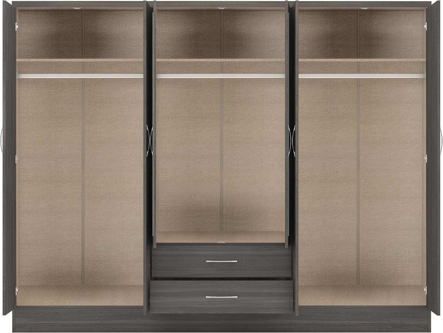 Large 6-Door Black Wood Wardrobe with Mirror & 2 Drawers | Durable Storage
