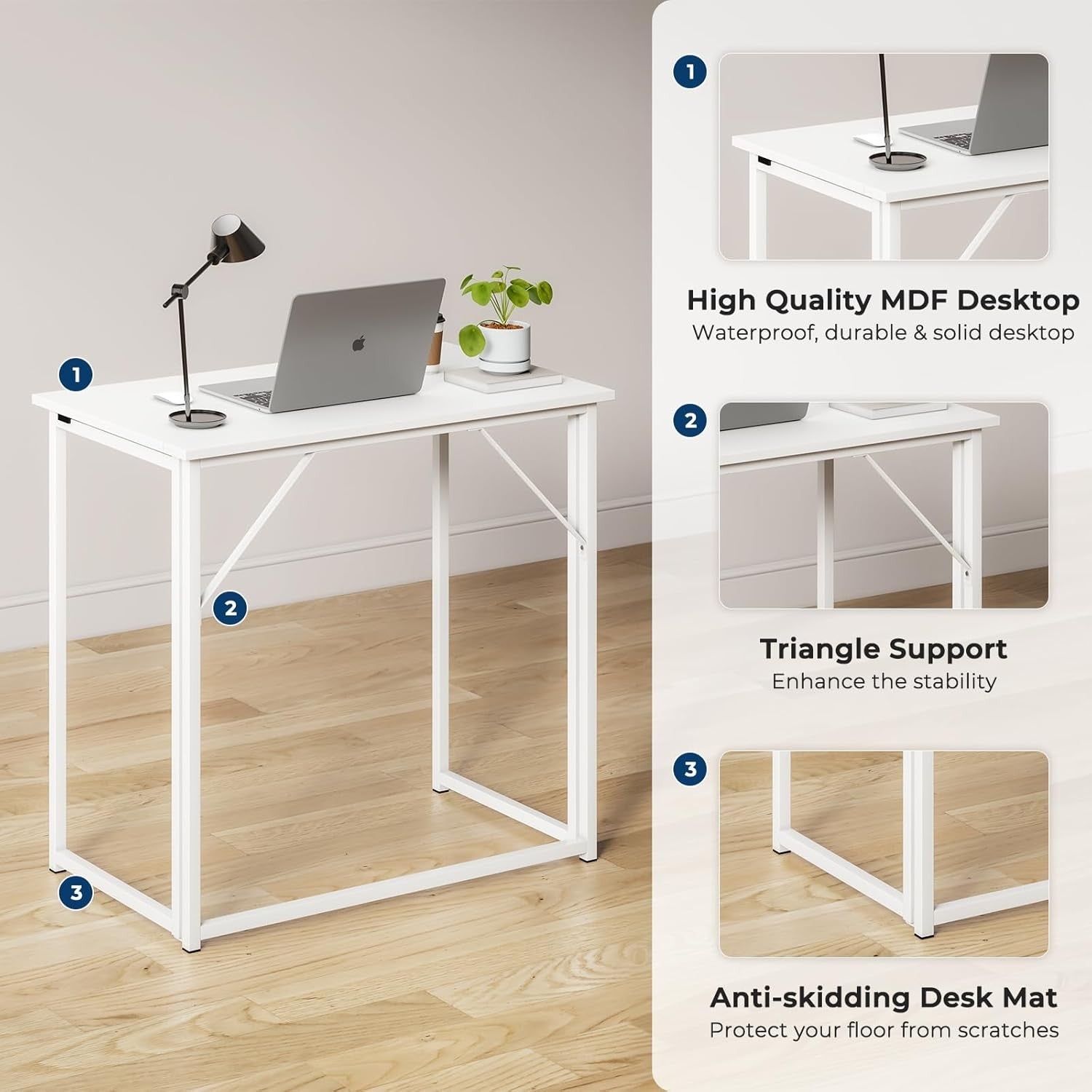 Folding Computer Desk Small Space Home Office Study Table Easy Store White