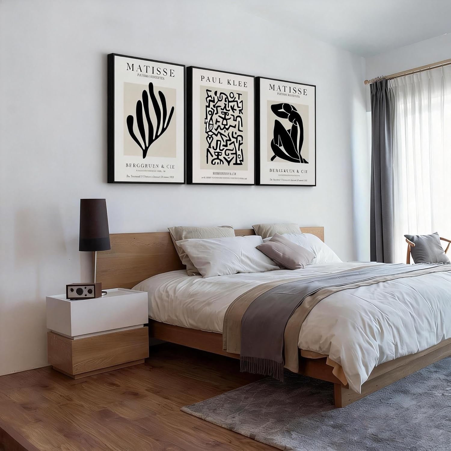 Large Neutral Abstract Wall Art Set of 3 Black Beige Framed Prints 16x24