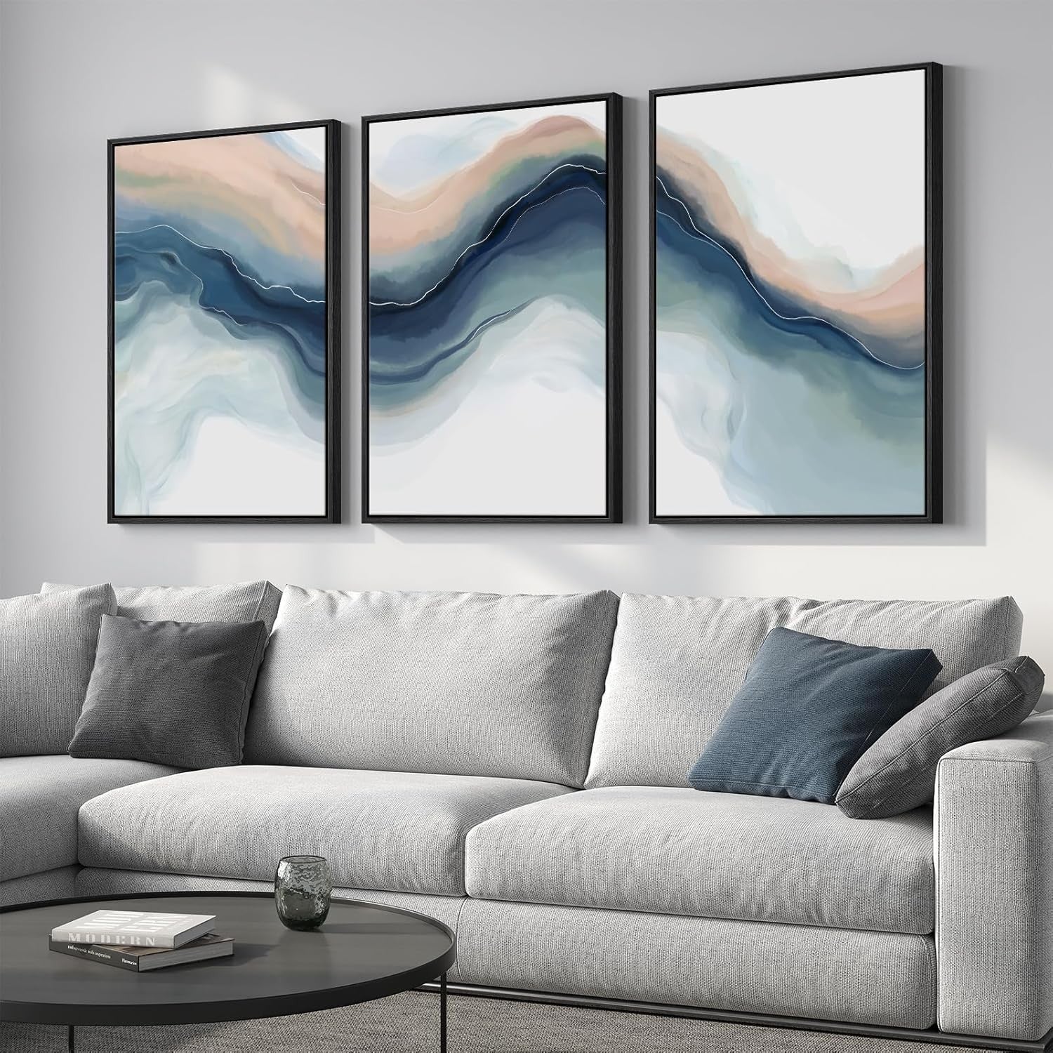 3-Piece Blue Abstract Landscape Canvas – Large Modern Wall Art 24x36in