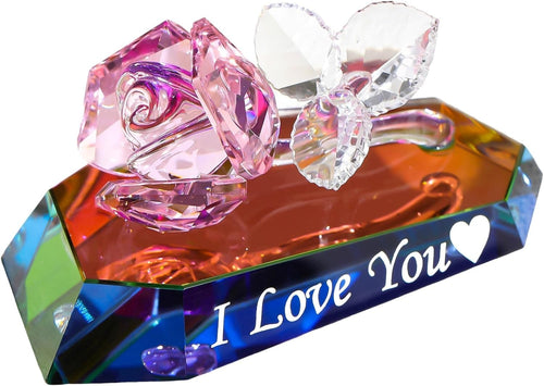 Romantic Crystal Rose Ornament “I Love You” – Multicolour Glass Gift for Her