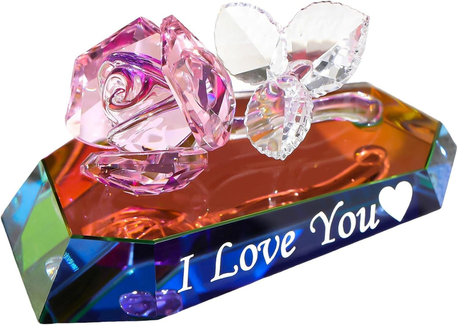 Romantic Crystal Rose Ornament “I Love You” – Multicolour Glass Gift for Her