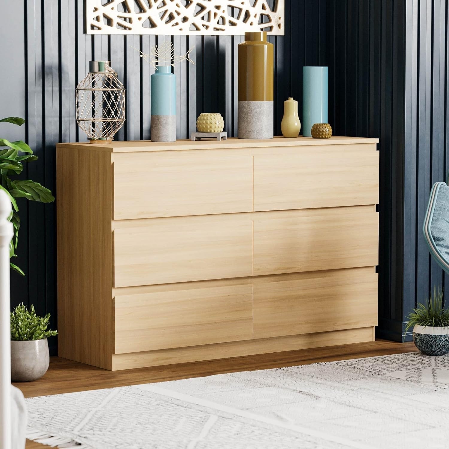 Modern 6 Drawer Chest Pine Wood Storage Unit for Bedroom Living Room