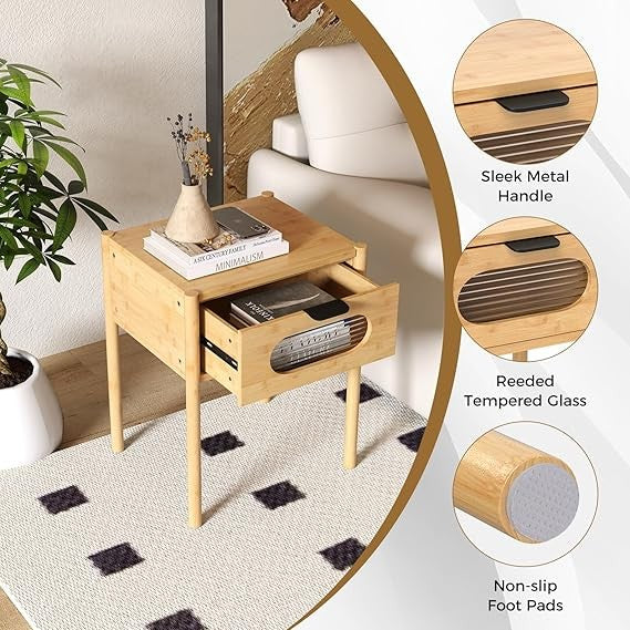 Modern Bamboo Bedside Tables Set of 2 with Drawer & Glass Front 40x40x50cm