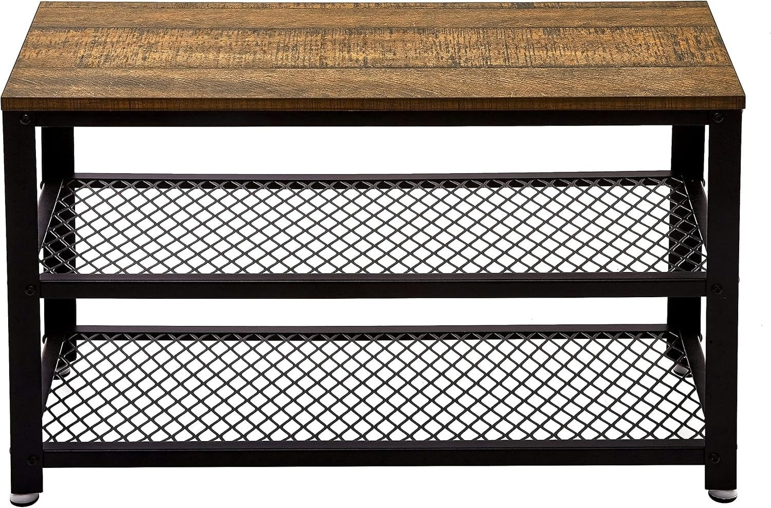 Rustic Brown Shoe Storage Bench with 2 Shelves – Industrial Metal Hallway Unit