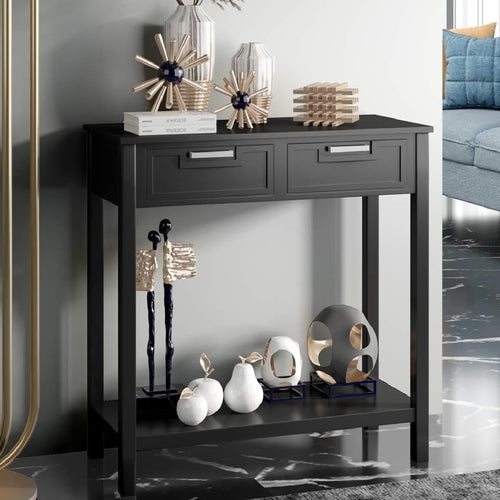 Modern Black Console Table with 2 Drawers & Bottom Shelf, Sturdy