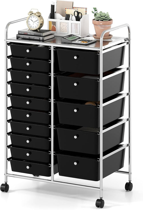 15 Drawer Storage Trolley Mobile Organizer Rolling Cart Lockable Wheels Black