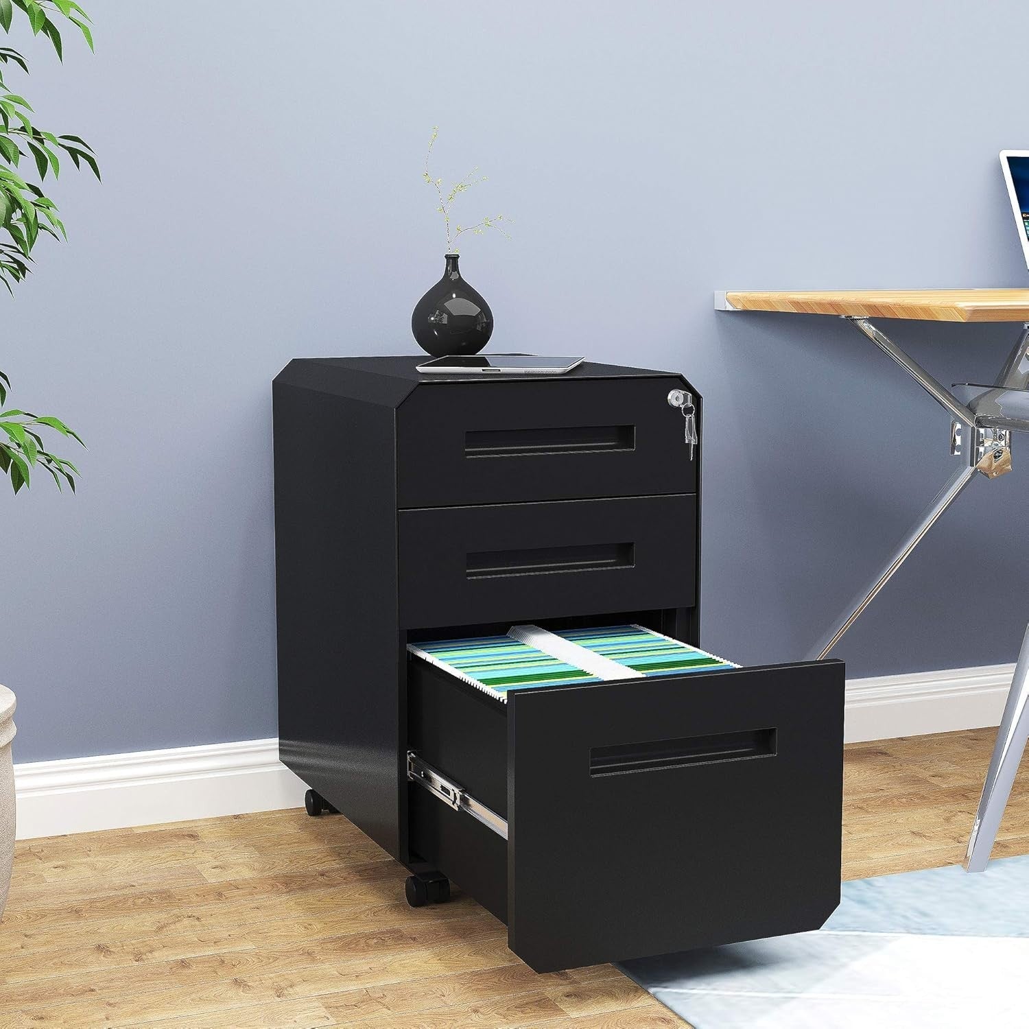 Black Mobile Filing Cabinet 3 Drawer Lockable 64cm Rolling Office