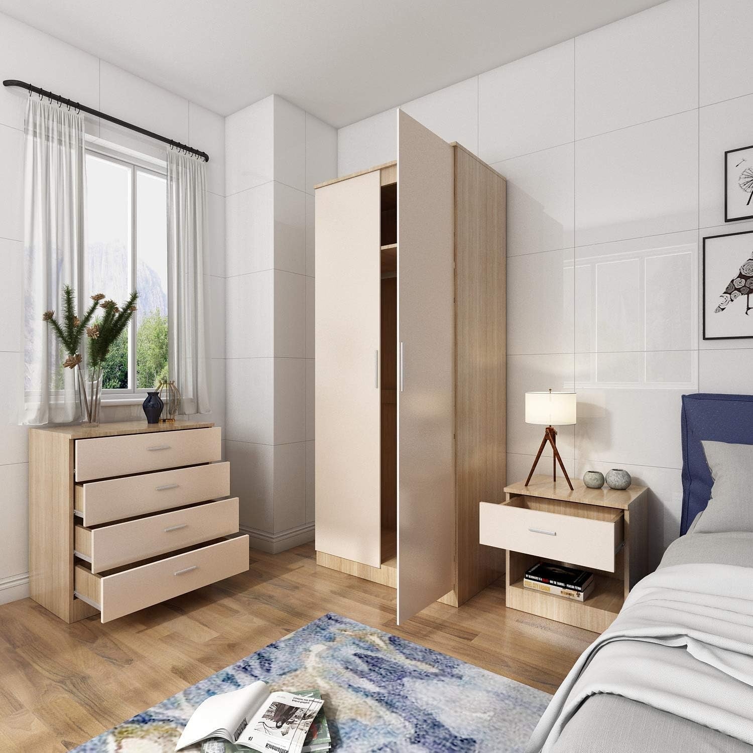 2 Door Wardrobe High Gloss Cream Oak Modern Storage Soft Close Bedroom