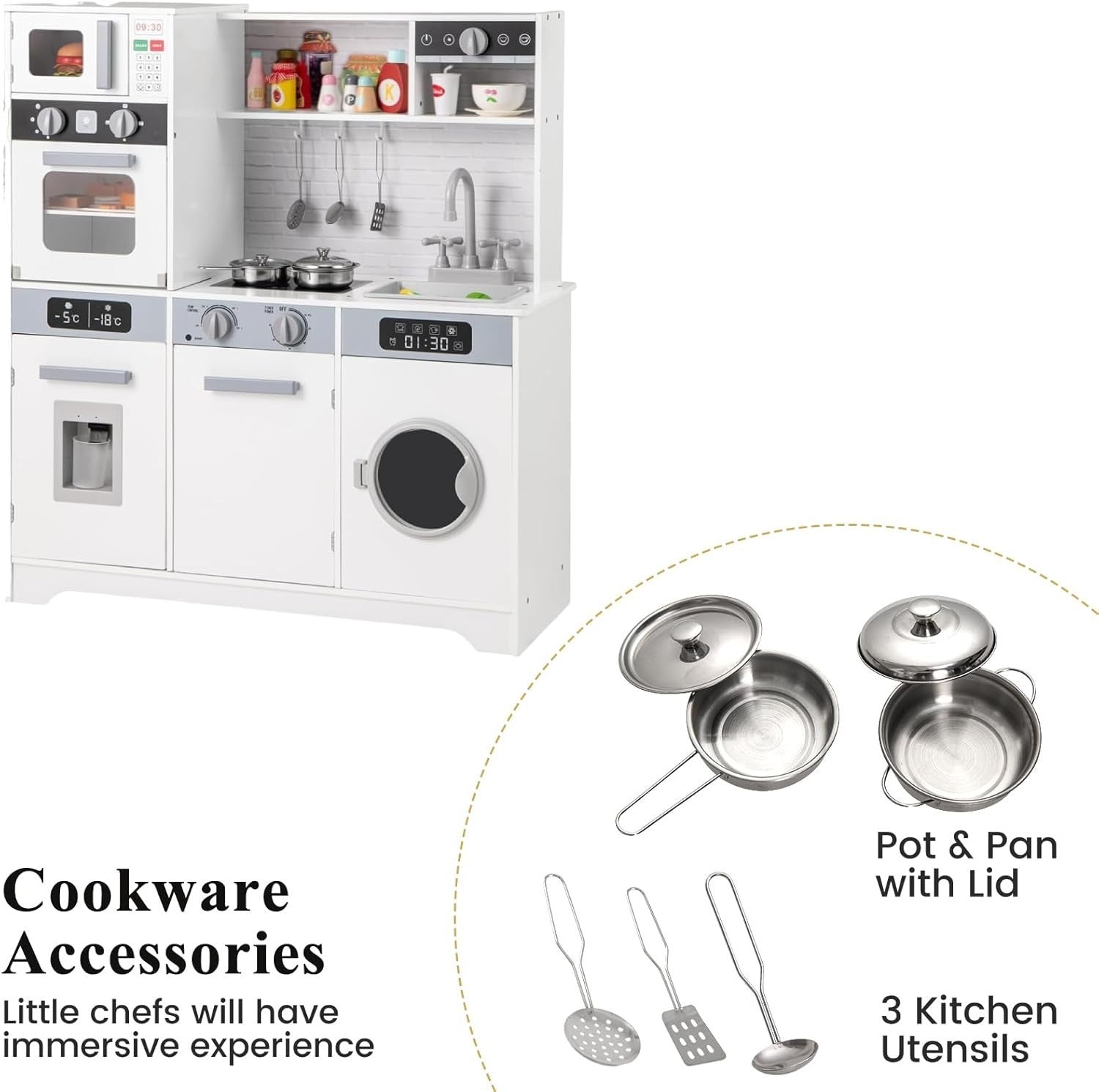 Kids Wooden Play Kitchen Lights Sounds Coffee Maker Laundry Set