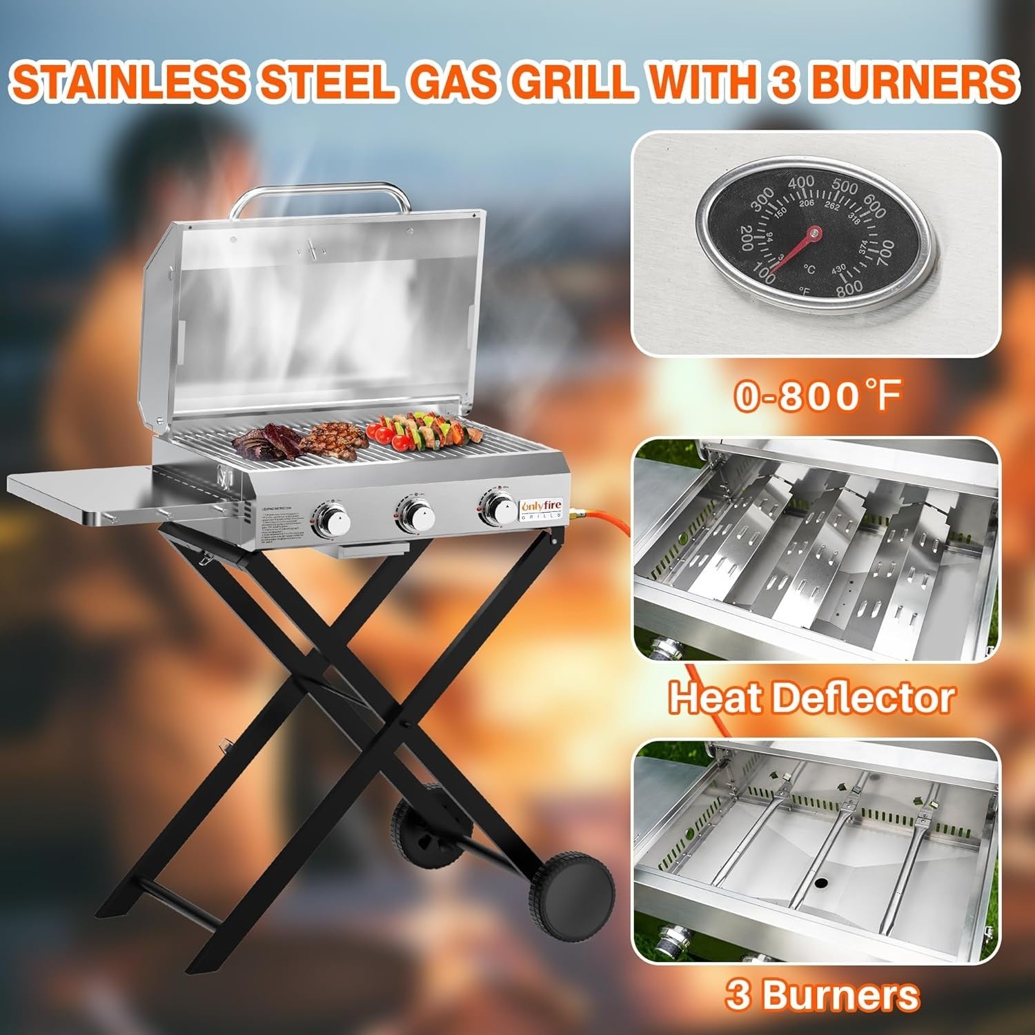 3 Burner Portable Gas BBQ Grill with Lid & Thermometer | Folding Trolley