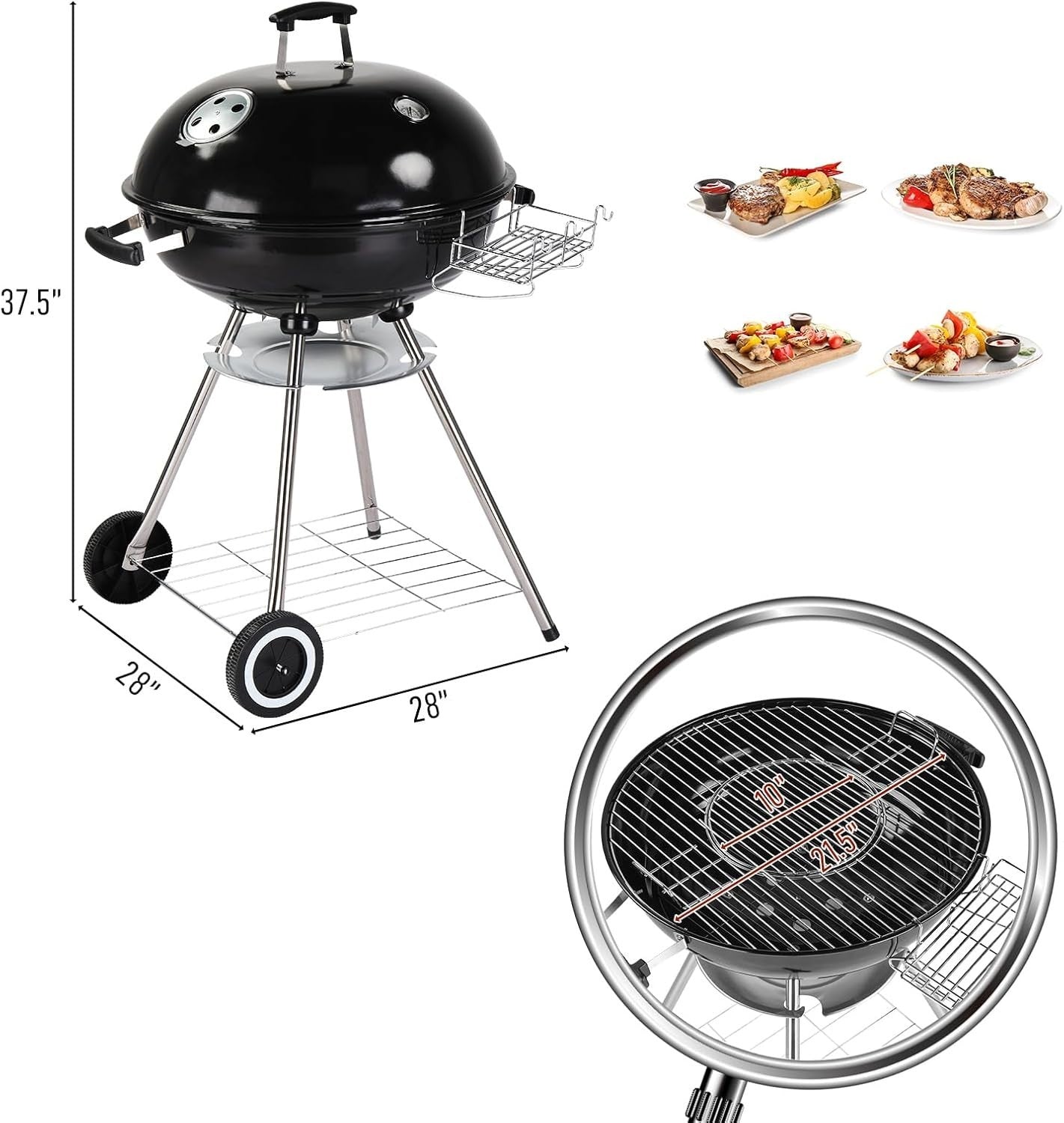 Large Charcoal BBQ Grill with Wheels & Thermometer, 28" Kettle Outdoor Garden
