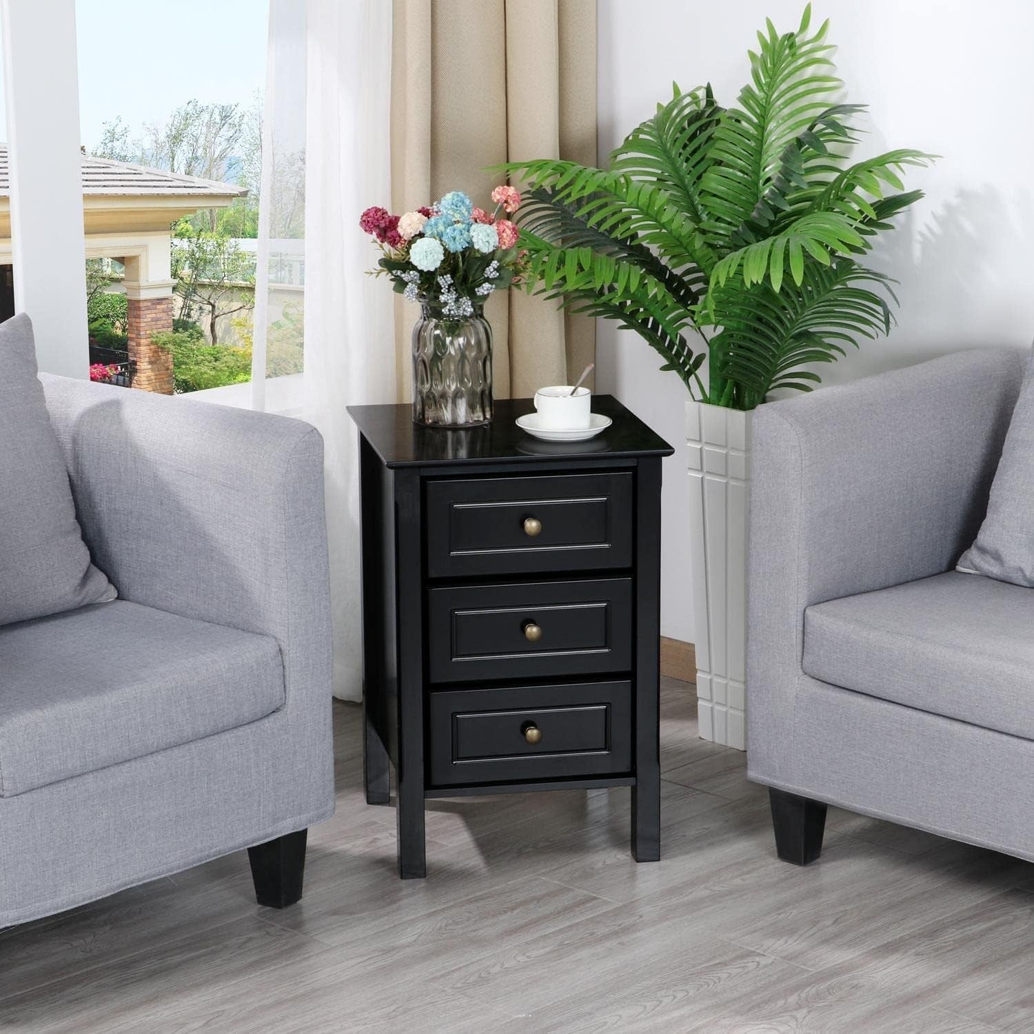 Black Wooden Bedside Tables Set of 2 – 3 Drawer Nightstand