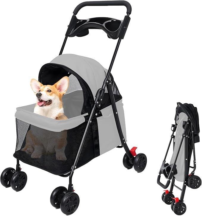 4 Wheel Dog Stroller Folding Pet Pram with Cup Holder Travel Buggy