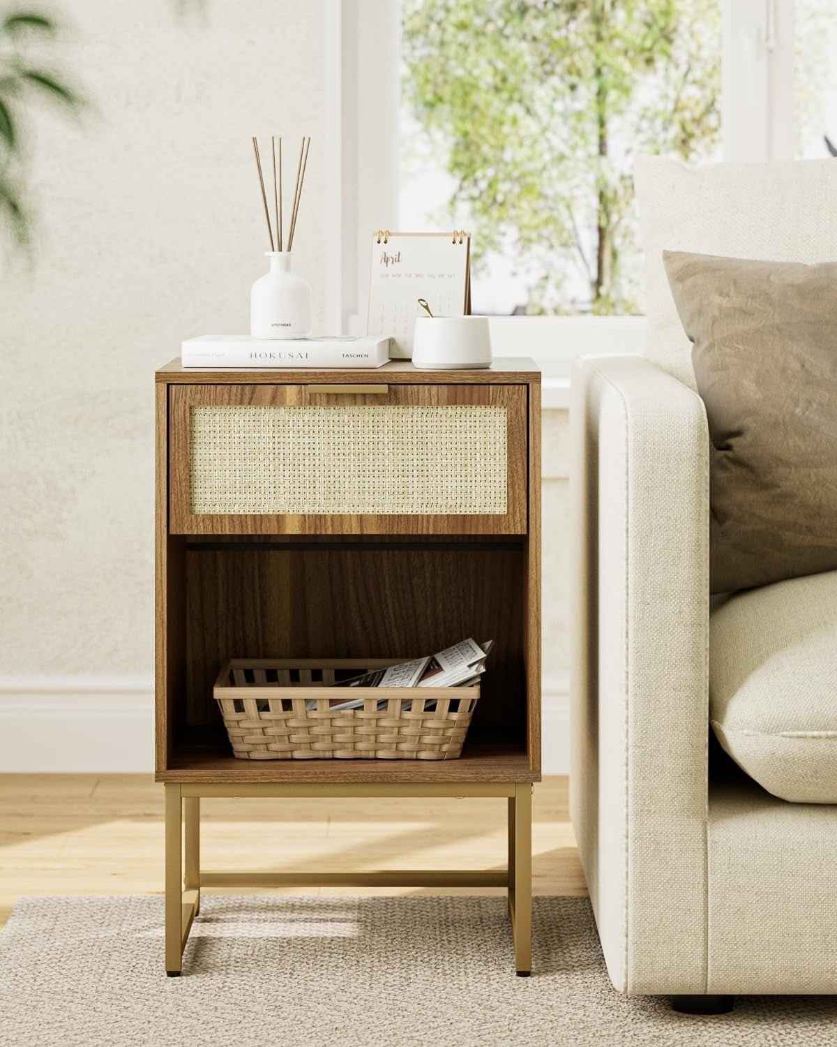 Modern Rattan Bedside Table with Drawer & Shelf – Walnut Wood Nightstand