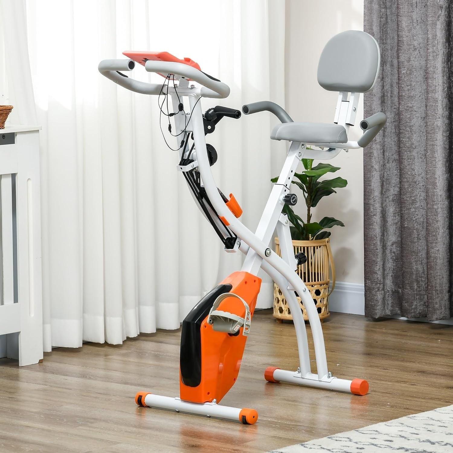 Orange 3-in-1 Folding Exercise Bike Magnetic Resistance LCD Pulse & Bands