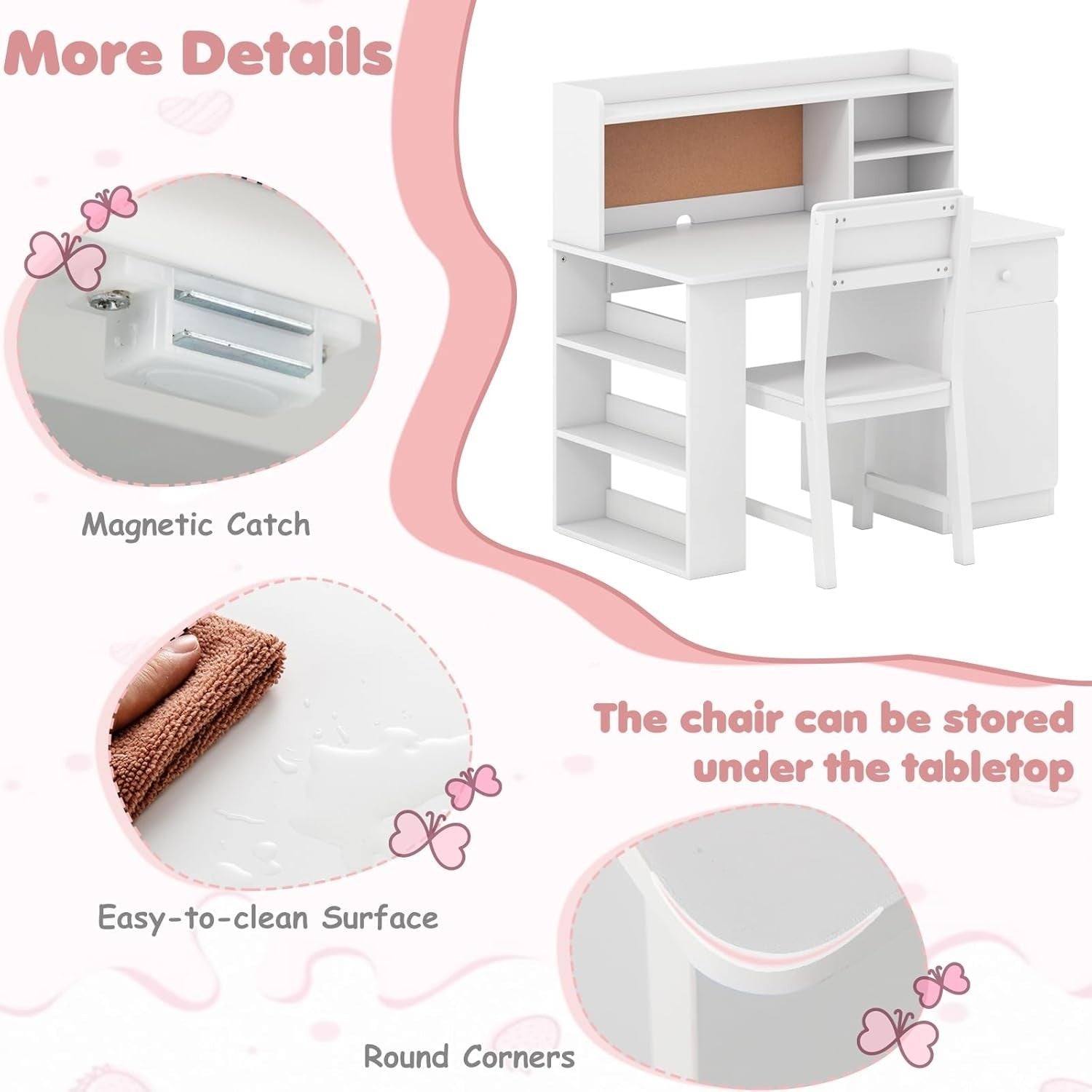 Kids Study Desk and Chair Set Wooden Writing Table Storage Shelves Drawer White