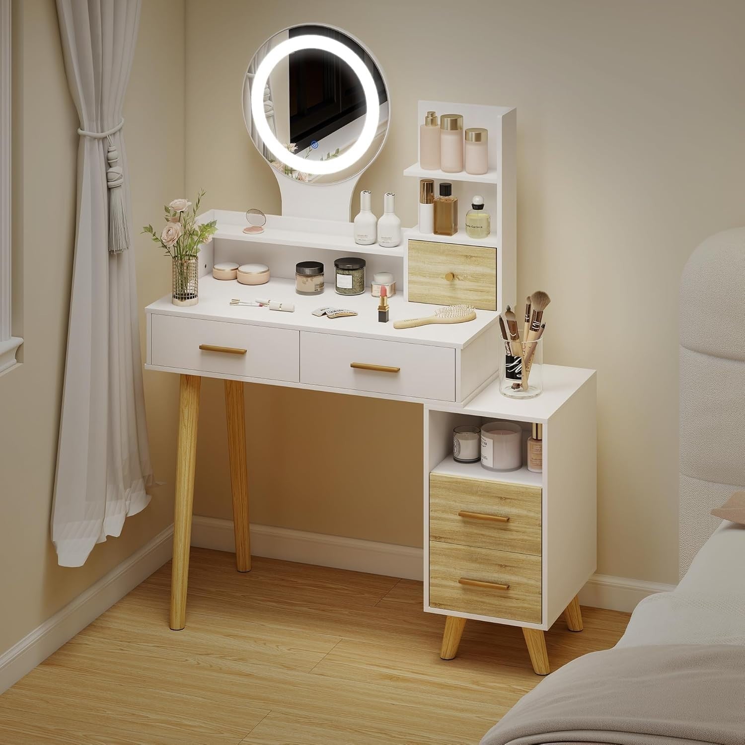 Dressing Table Desk Scandi White with LED Mirror 5 Drawers Storage Makeup Vanity