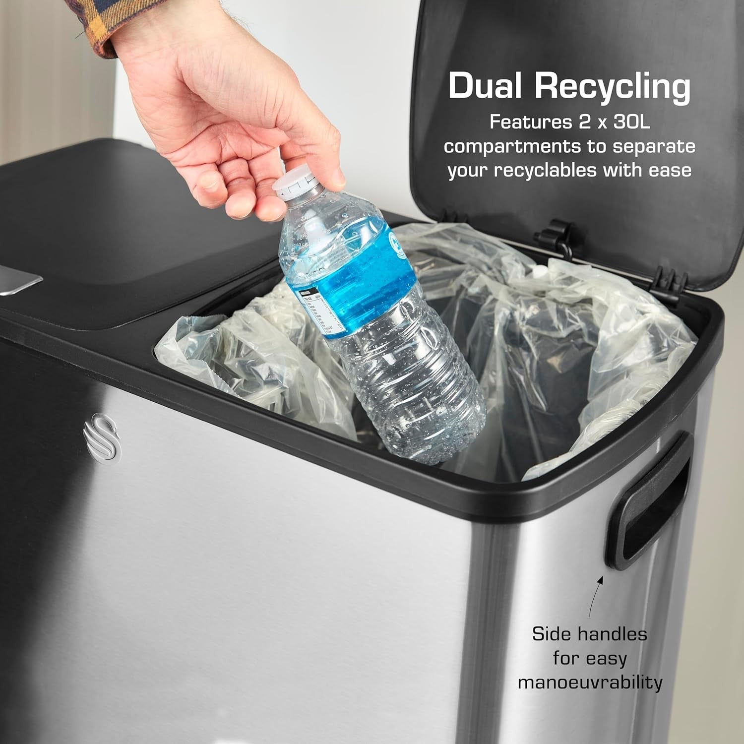 60L Dual Recycling Bin Stainless Steel 2x30L Soft Close Pedal