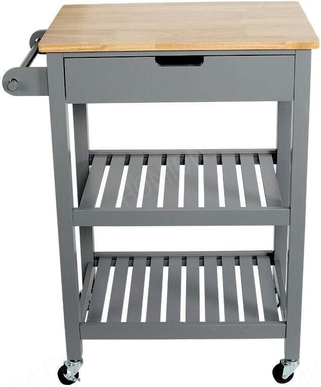 Grey 3 Tier Kitchen Trolley Cart with Drawer Wheels