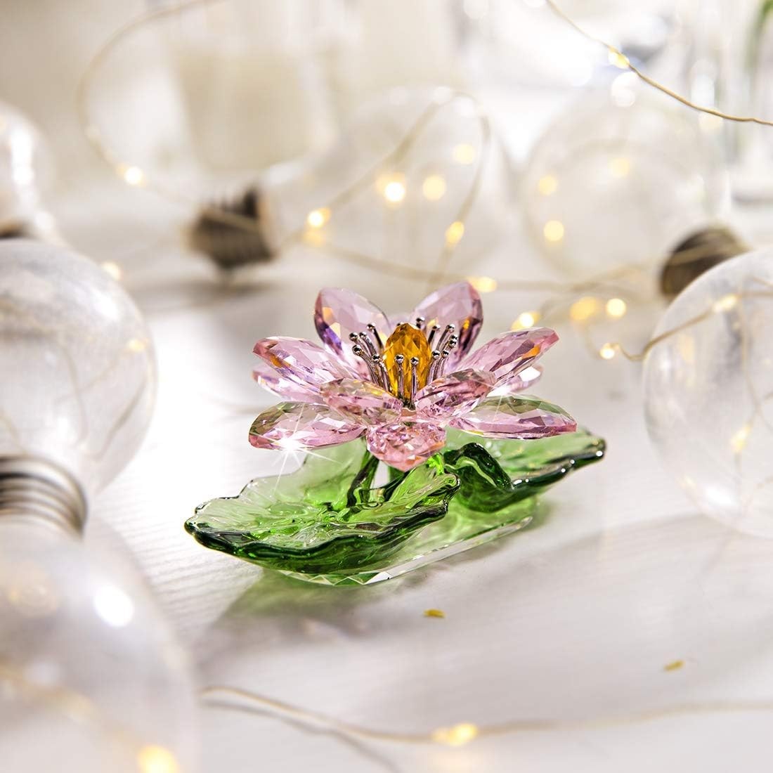 Pink Crystal Lotus Flower Ornament • Feng Shui Glass Decor • Sparkling Gift Box