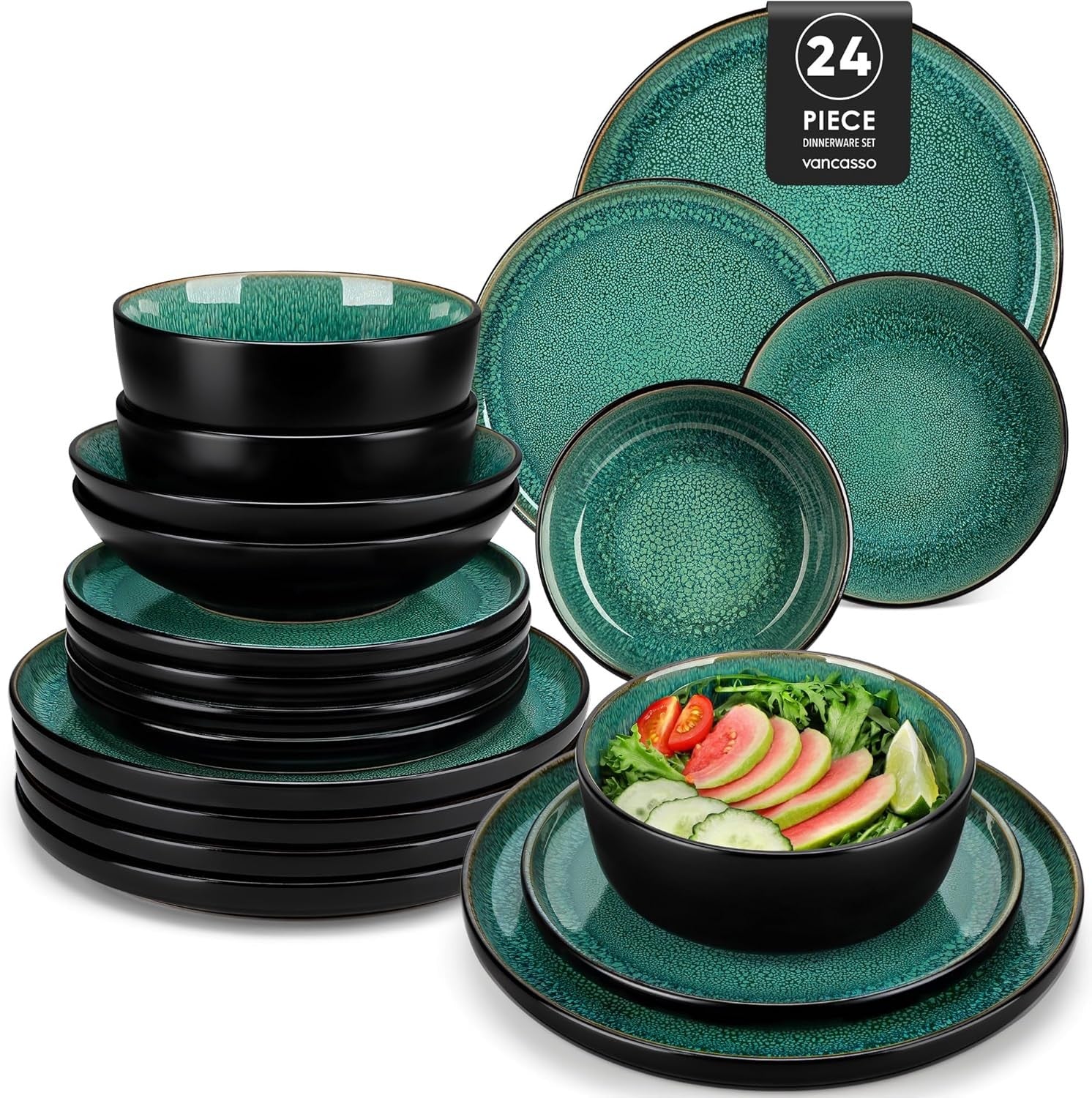 24pc Green Stoneware Dinner Set Plates Bowls Mediterranean Style Service for 6