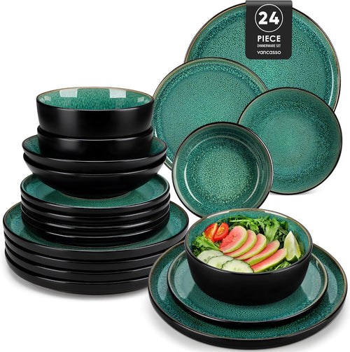 24pc Green Stoneware Dinner Set Plates Bowls Mediterranean Style Service for 6