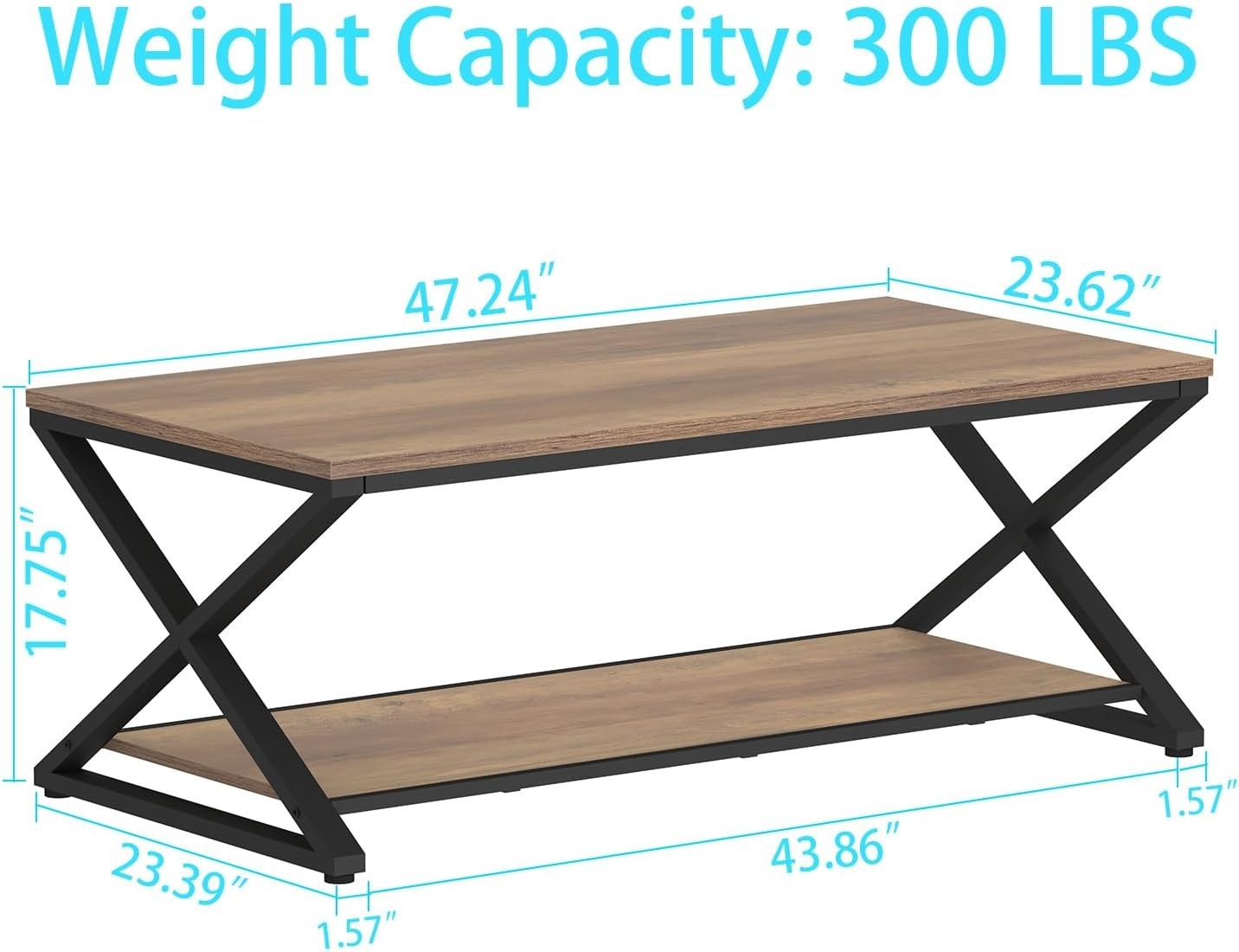 Rustic Industrial Coffee Table 47" with Storage Shelf, Metal Frame, Durable