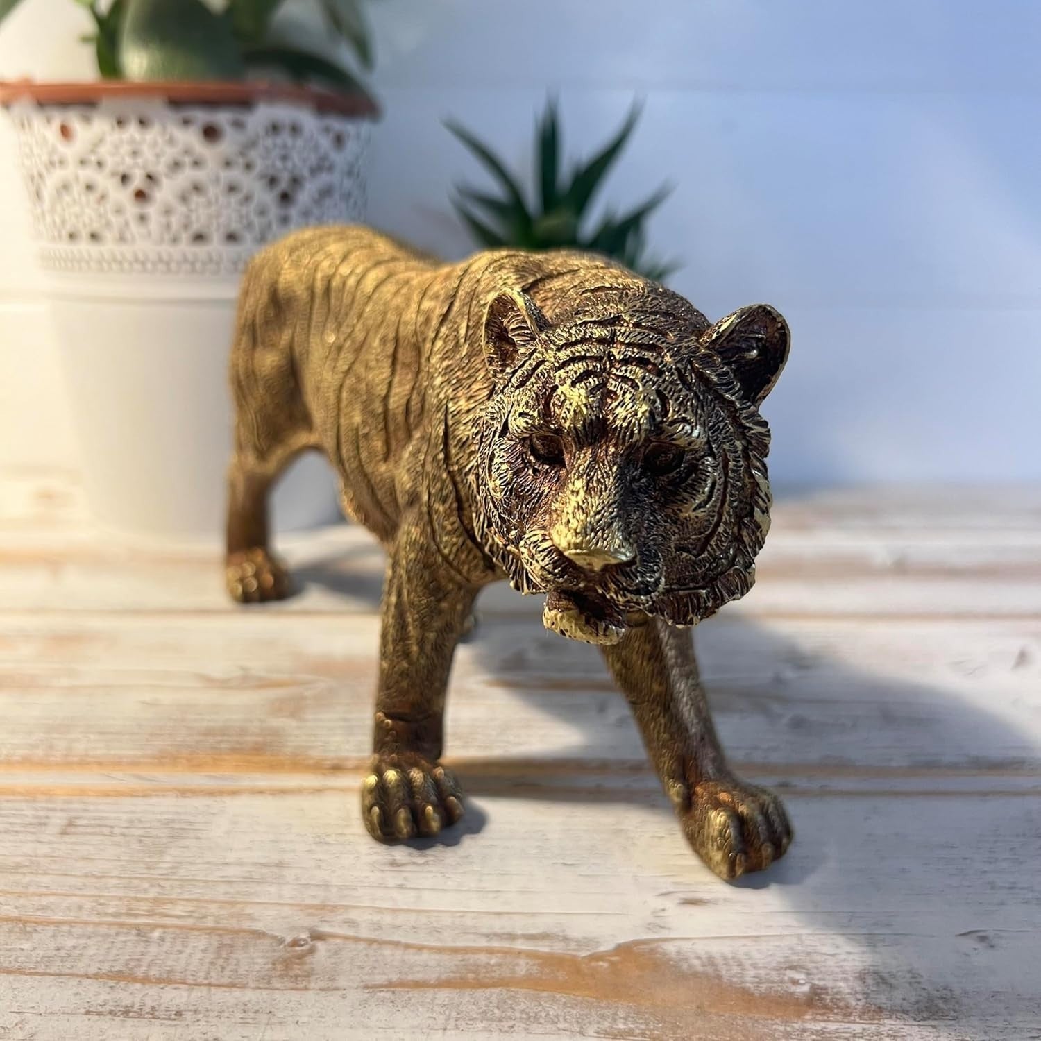 Bronze Effect Tiger Statue Ornament • Detailed Resin Wildlife Decor • 23cm