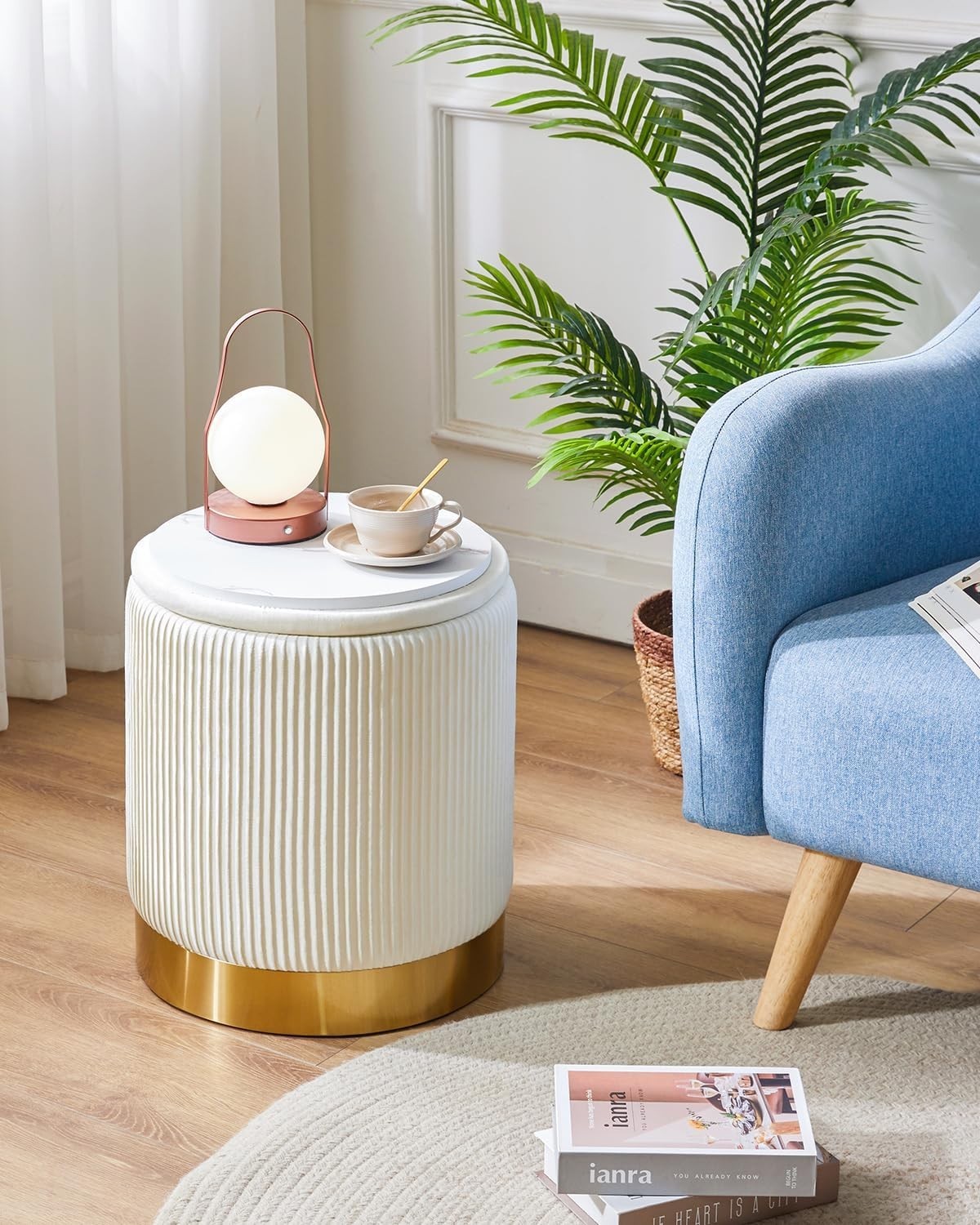 Set of 2 White Round Storage Ottomans – Velvet Pouffe Footstools with Table Tops