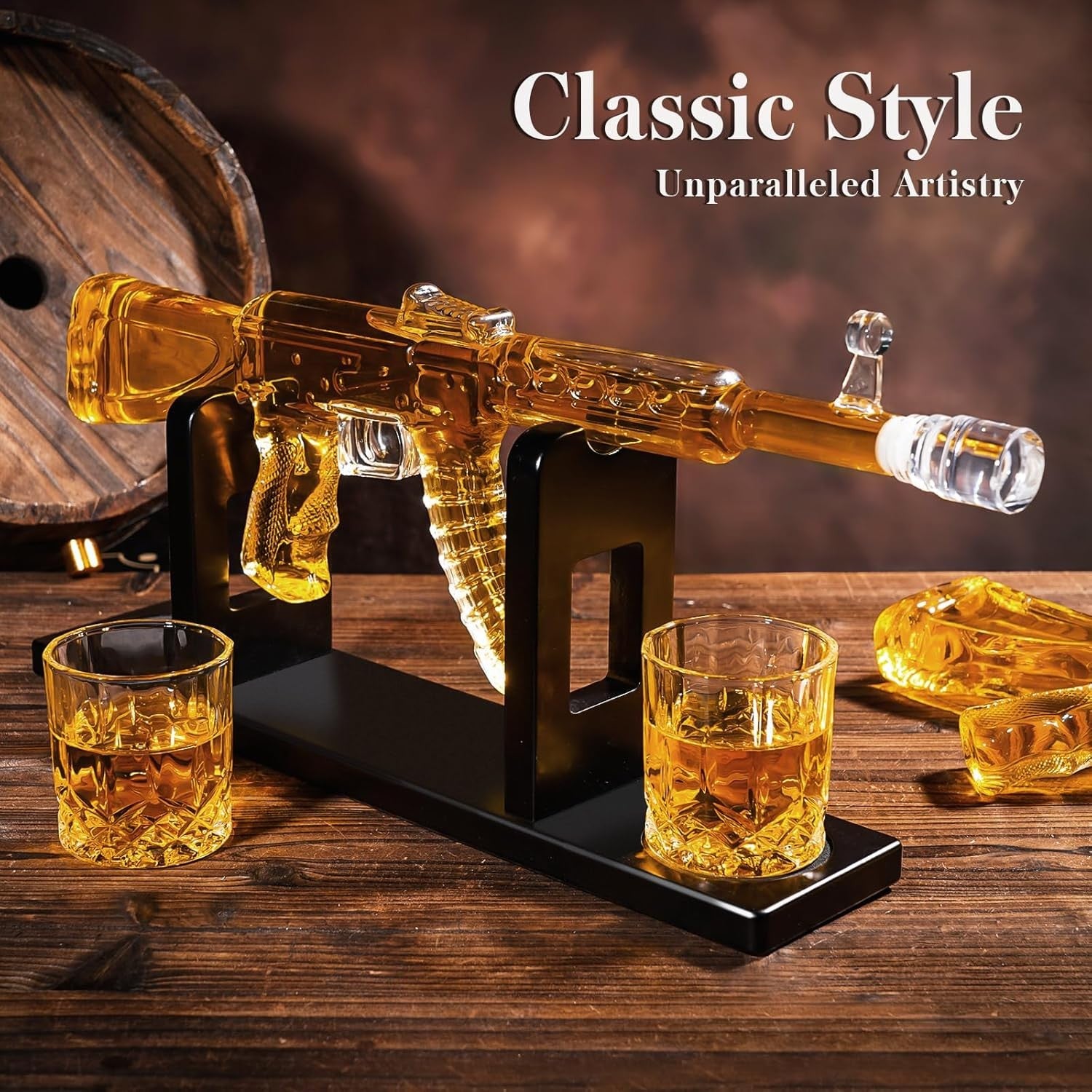 AK47 Whiskey Decanter Set with Stand & 2 Glasses – 1000ml Novelty Liquor Dispens