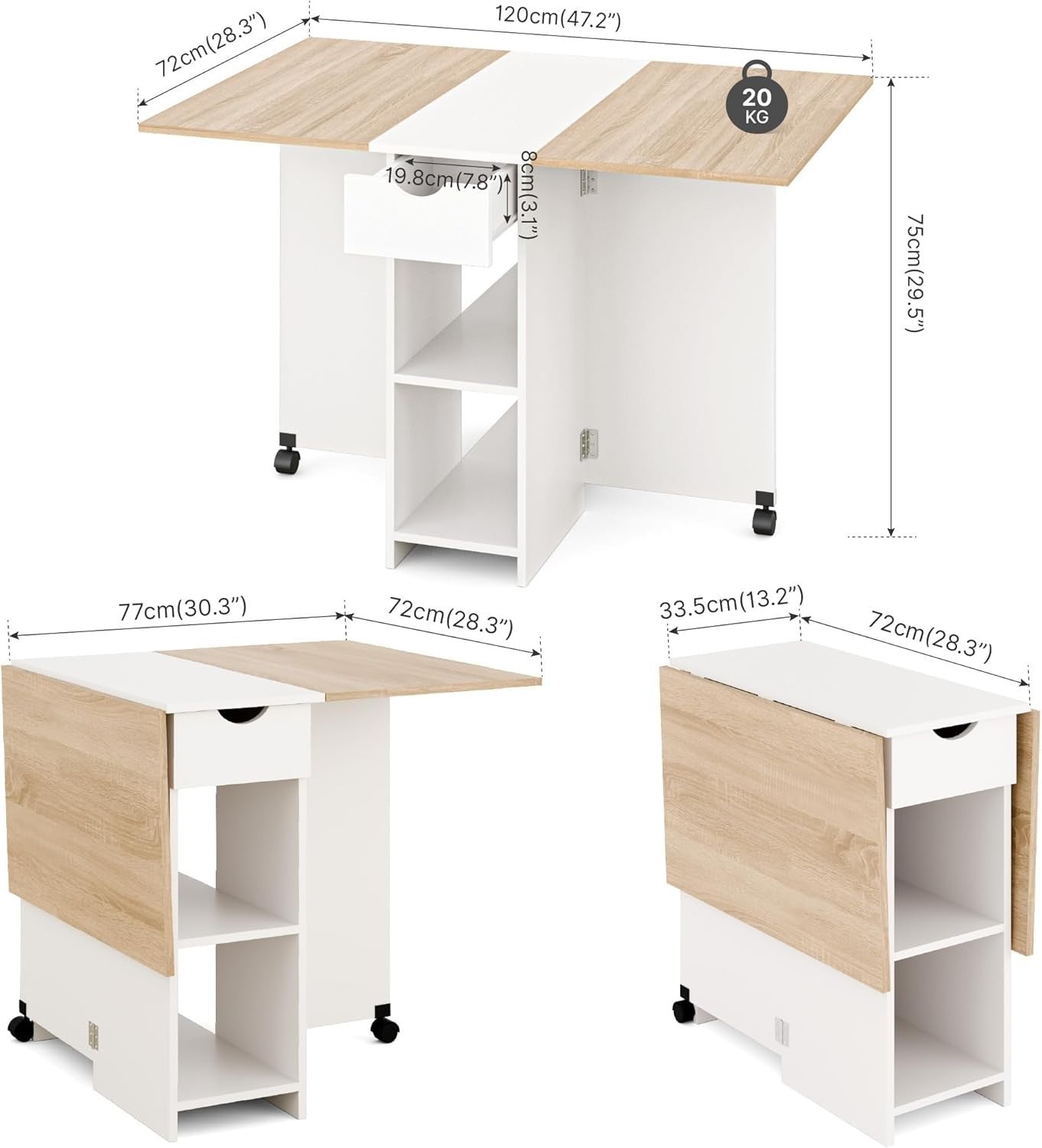 Drop Leaf Folding Dining Table with Drawer Shelves Wheels Oak White Small Space