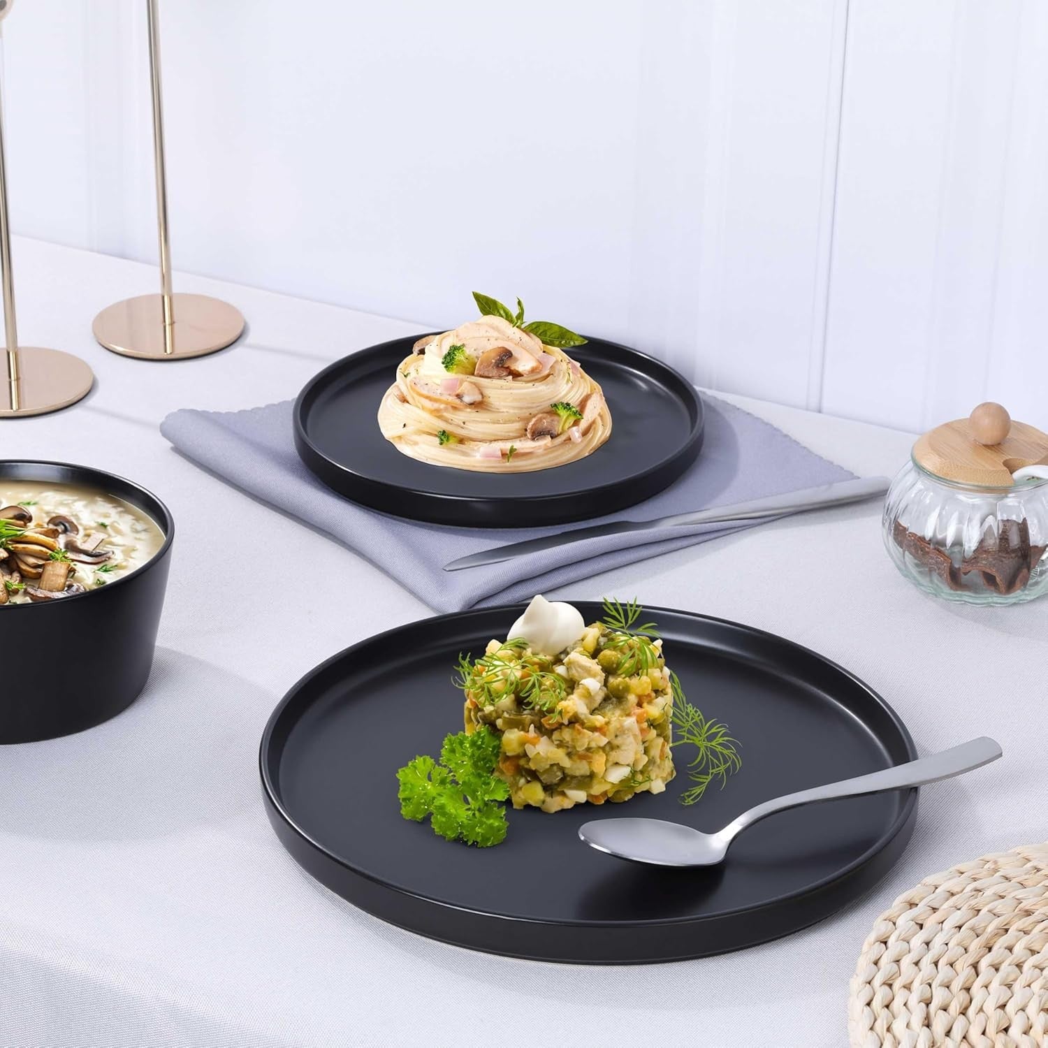 12pc Matte Black Stoneware Dinner Set Plates Bowls Dishwasher Safe