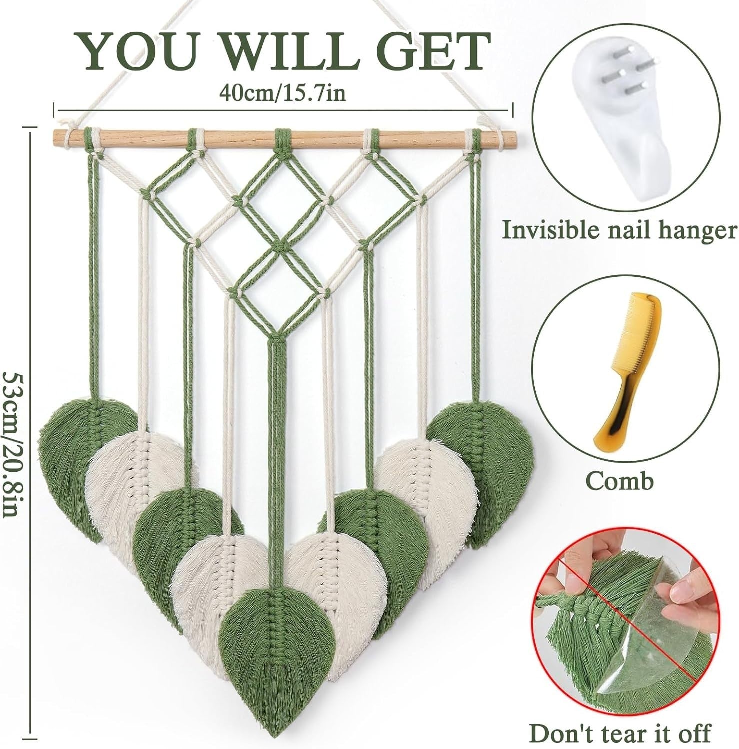 Green Boho Macrame Wall Hanging 20.8"x15.7" Tassel Tapestry