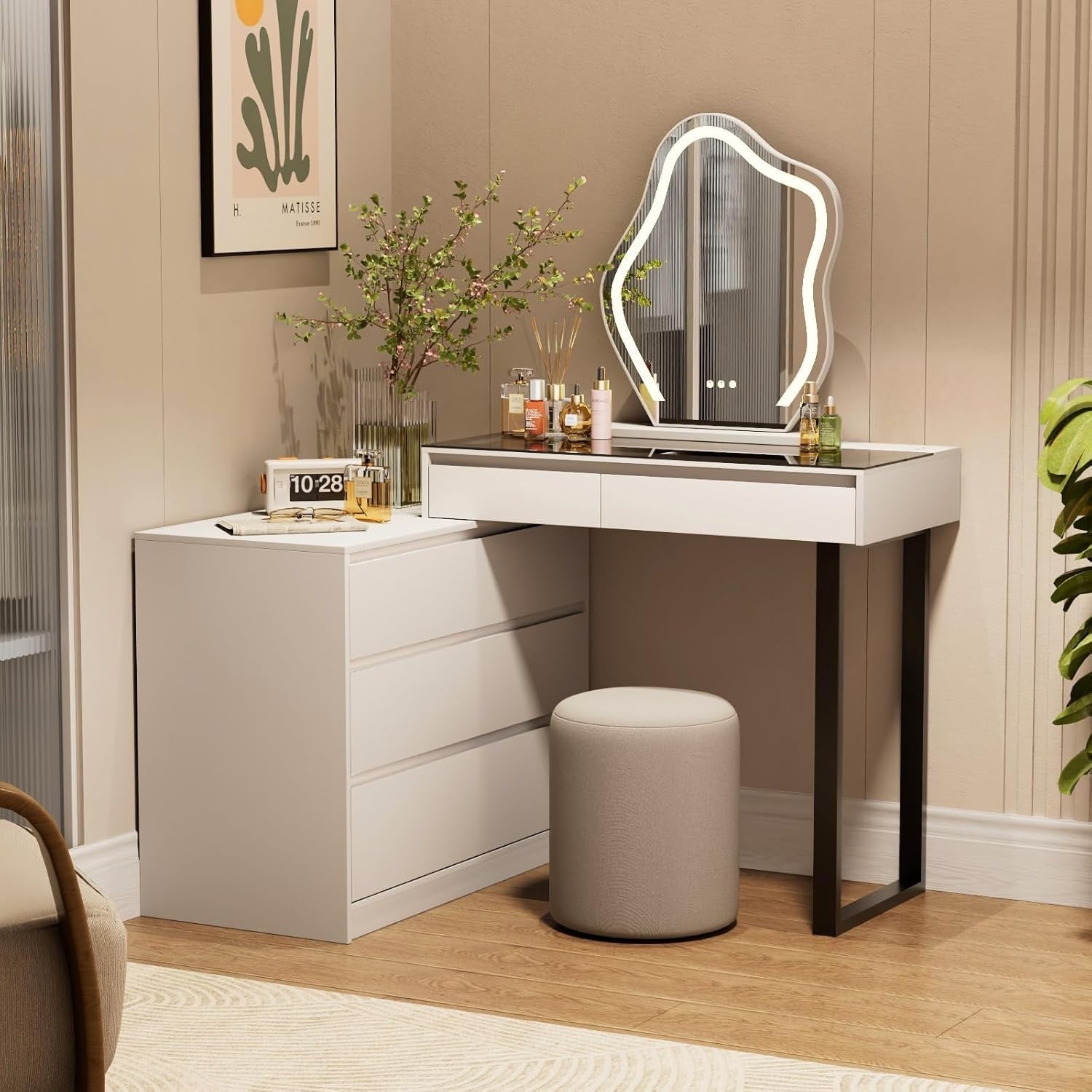 Modern Corner Vanity Dressing Table Desk Makeup Dresser LED Mirror 5 Drawers Whi