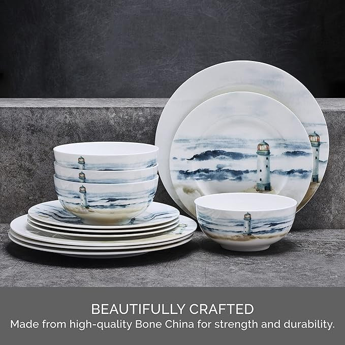 12pc Bone China Dinnerware Set Coastal Plates Bowls Lightweight Service for 4