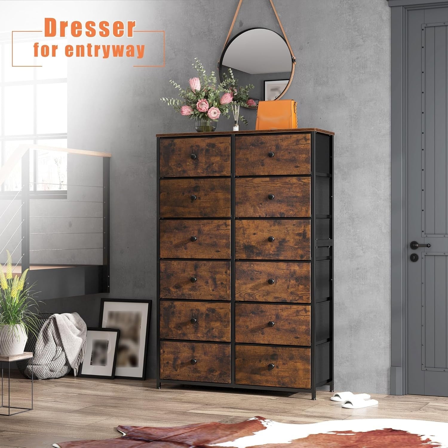 Tall 12 Drawer Chest Rustic Brown Fabric Storage Unit Metal Wood Frame