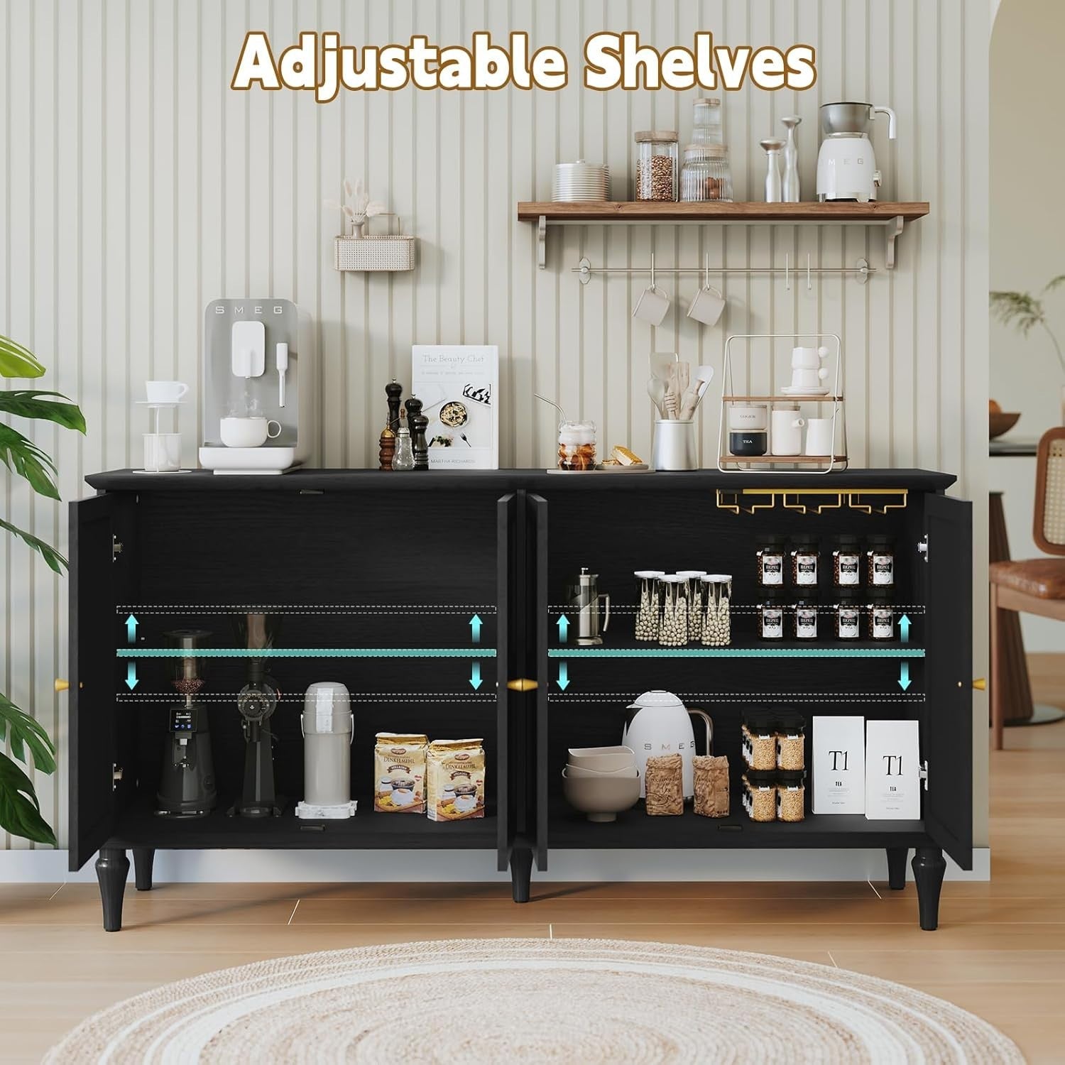 Mid-Century Black Sideboard with Wine Glass Rack, 4 Doors, Large Storage