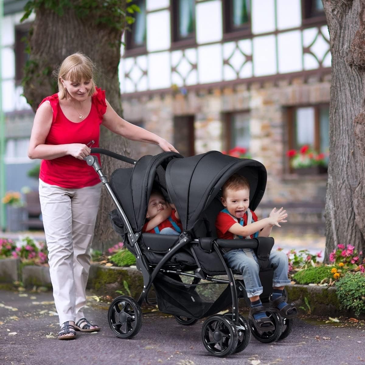 Black Double Baby Stroller Tandem Pushchair Foldable 30kg