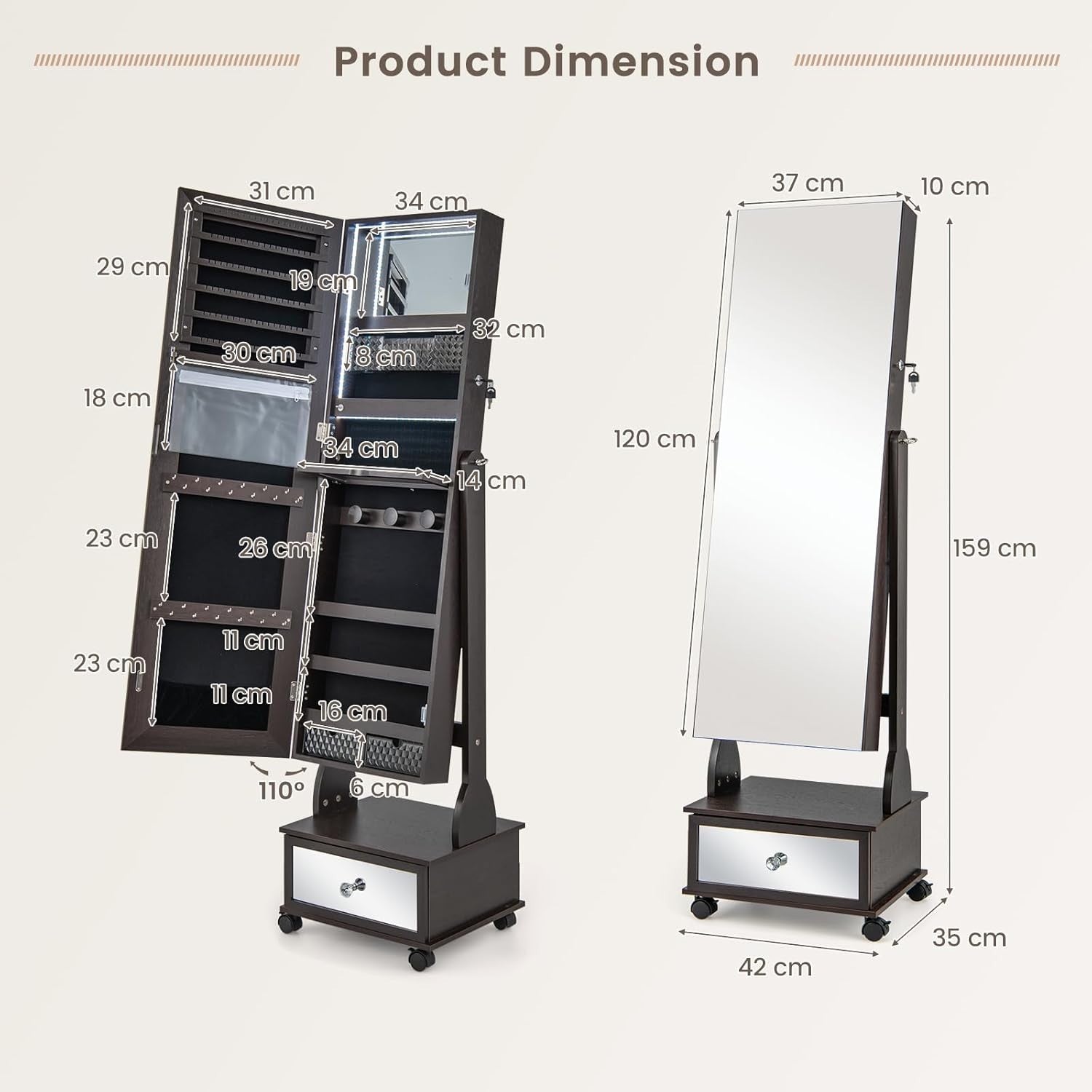 LED Standing Jewelry Armoire Lockable Mirror Cabinet with Wheels Coffee