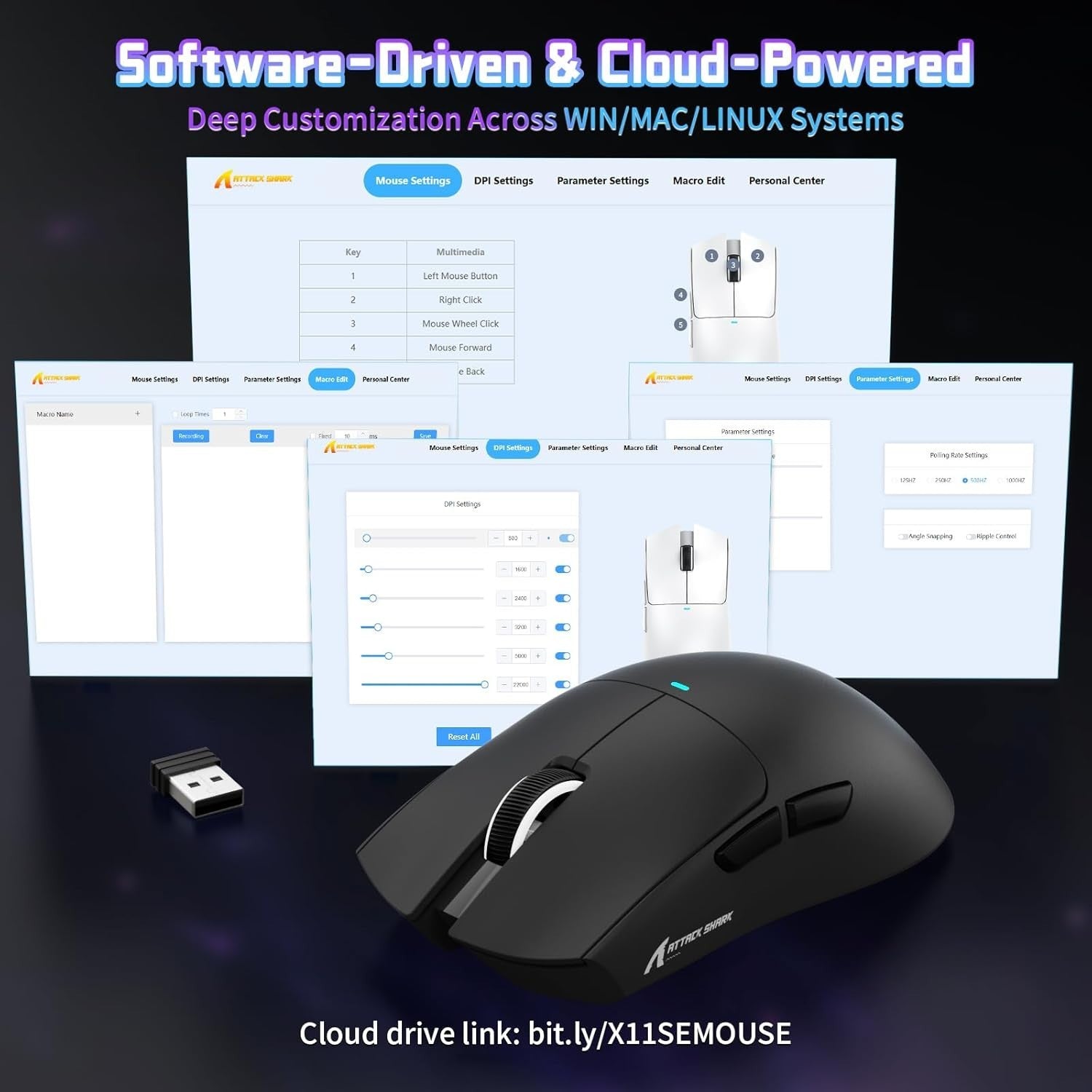 Wireless Gaming Mouse 22000 DPI 65H BT 2.4G USB Black