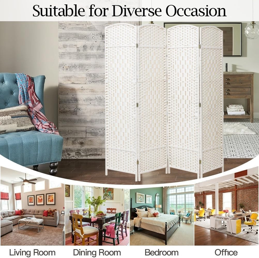 White 4 Panel Wicker Folding Room Divider Handwoven Privacy Screen 170cm