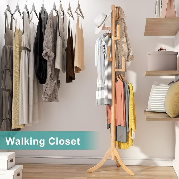Natural Bamboo Coat Rack Freestanding 6 Hooks | Adjustable Wooden Hall Tree Stan