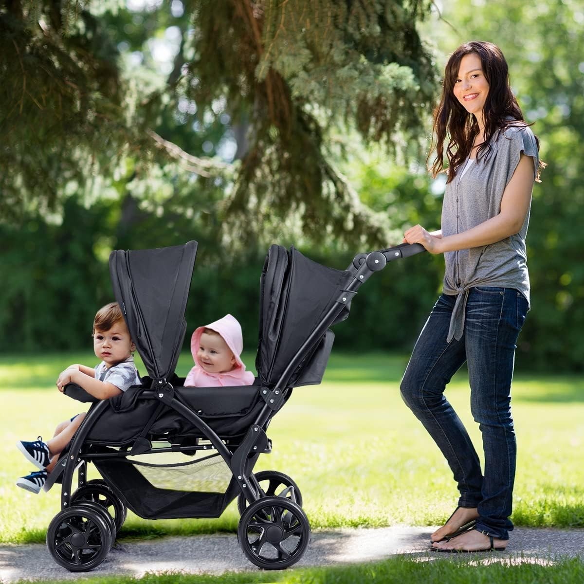Twin Tandem Baby Stroller Black Foldable Double Seat 5-Point Harness Sunshade
